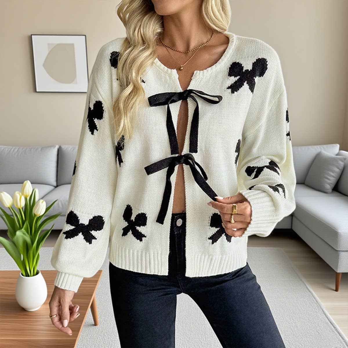 Design sense ribbon bow design cardigan