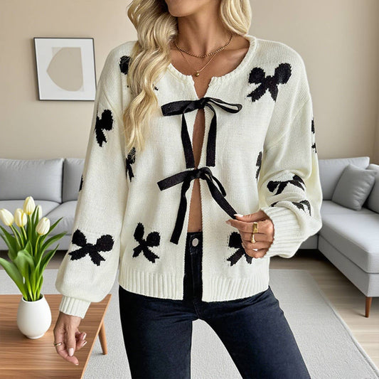 Design sense ribbon bow design cardigan