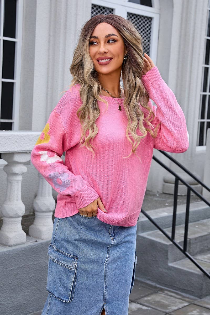 CWOSWL3118_FLORAL CREW NECK LONG SLEEVE KNIT TOP