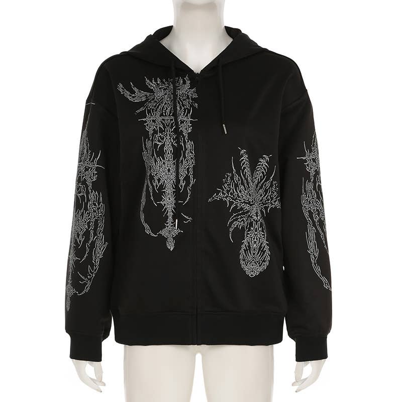 DARK STYLE VINTAGE PRINT LOOSE ZIPPER JACKET