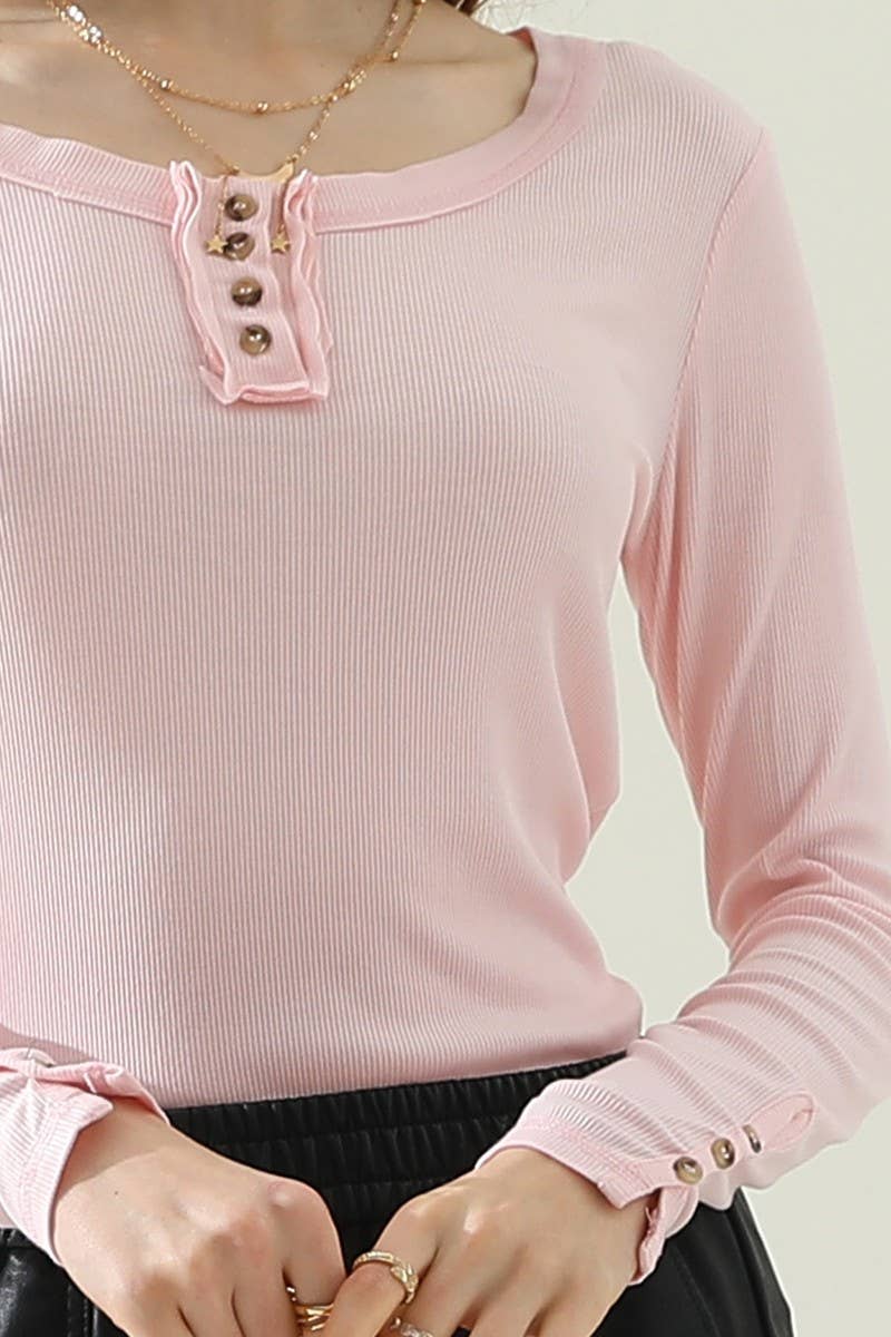 CWTTL1500_ROUND BUTTON NECK LONG SLEEVE T SHIRT TOP