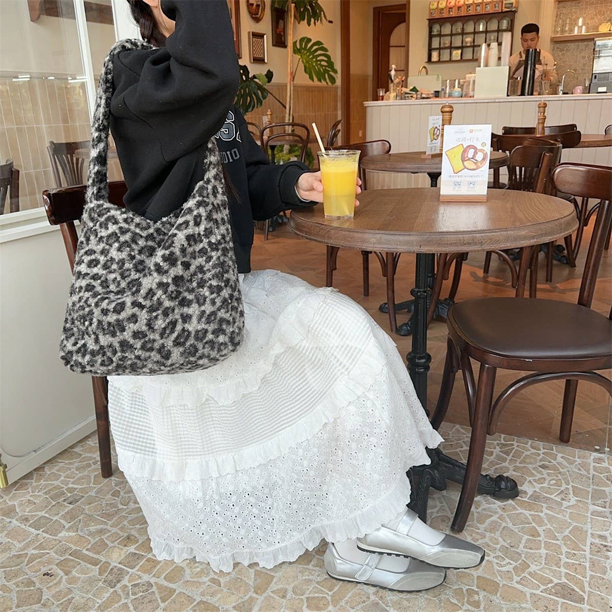 CWAB3900_PLUSH LARGE CAPACITY LEOPARD PRINT SHOULDER BAG