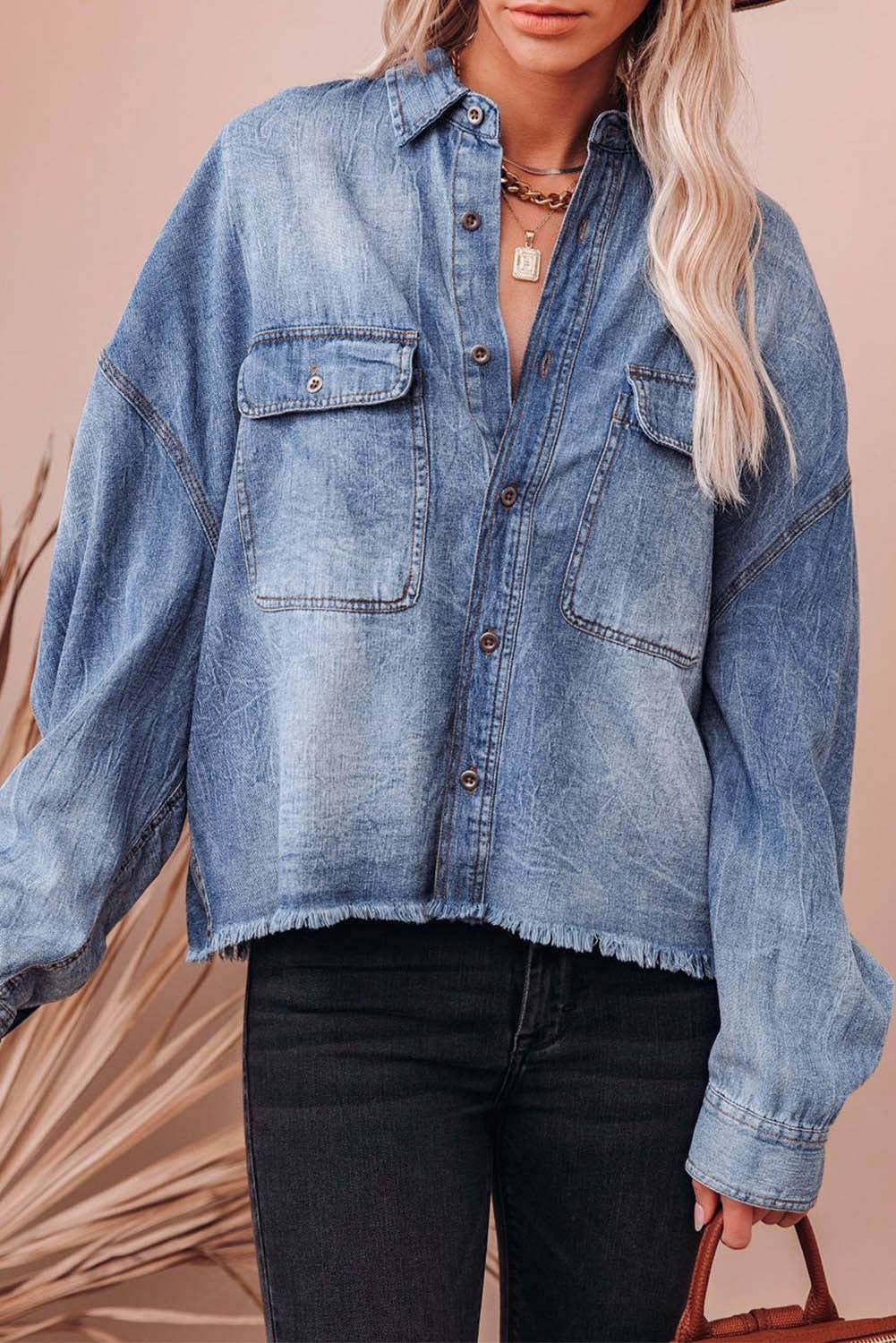 DROP SHOULDER VINTAGE DENIM SHIRT WITH OLD LAPELS