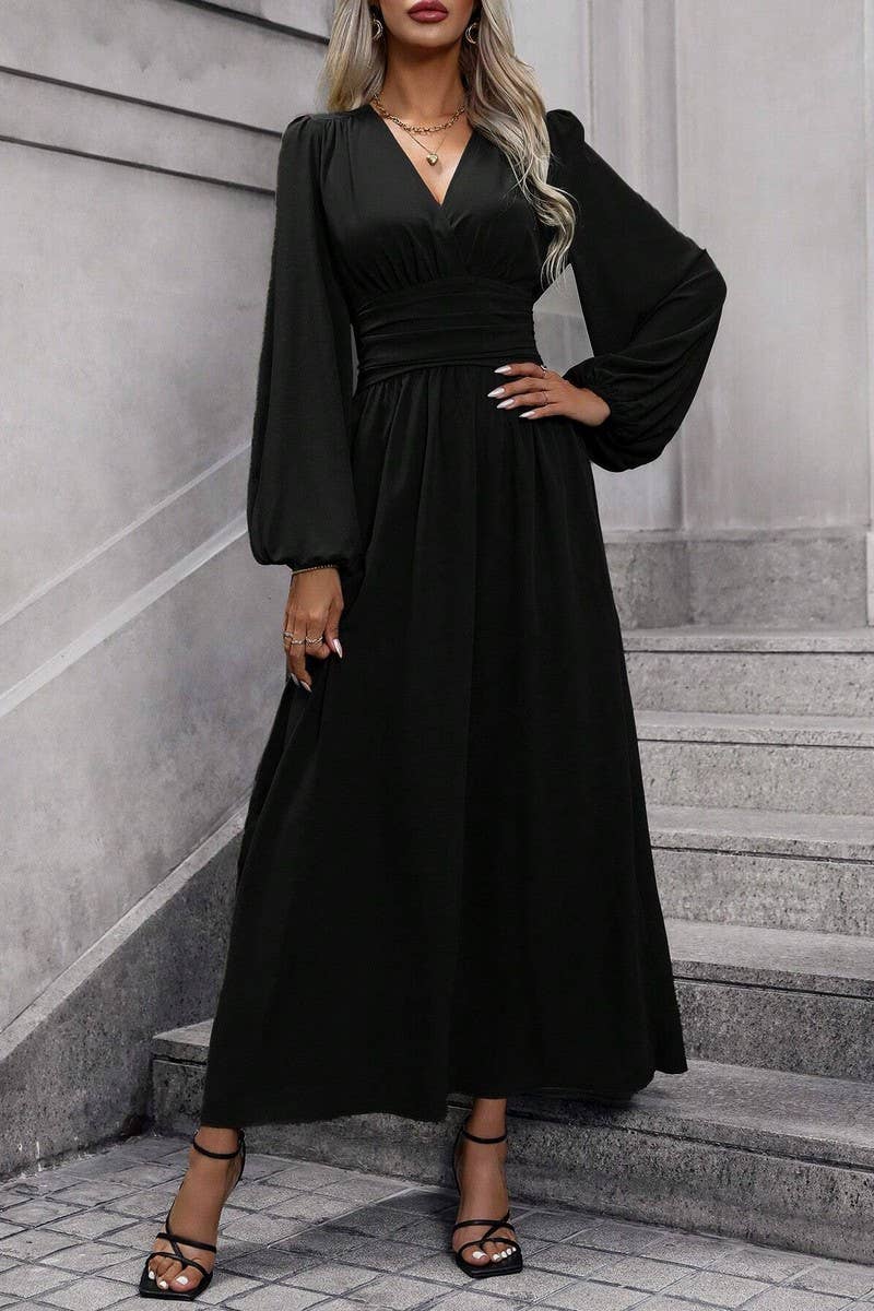 CWDMD3950_V-NECK LANTERN SLEEVES HIGH SLIT DRESS