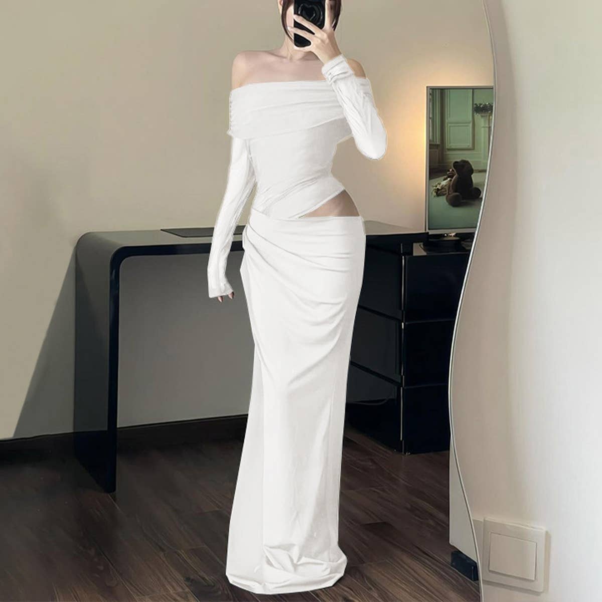 A one-shoulder mesh tulle patchwork cutout dress