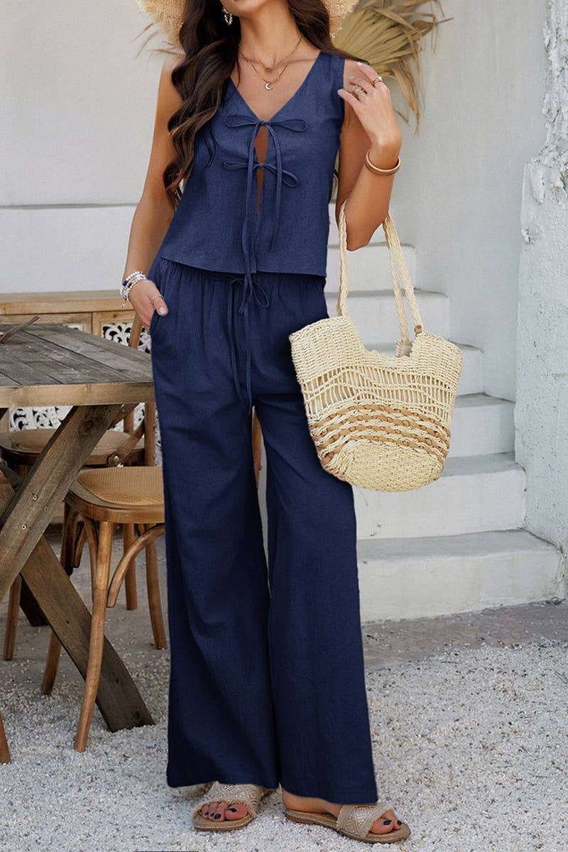 CWSTB1575_SOLID COLOR SLEEVELESS TIE TOP WIDE LEG PANTS SET