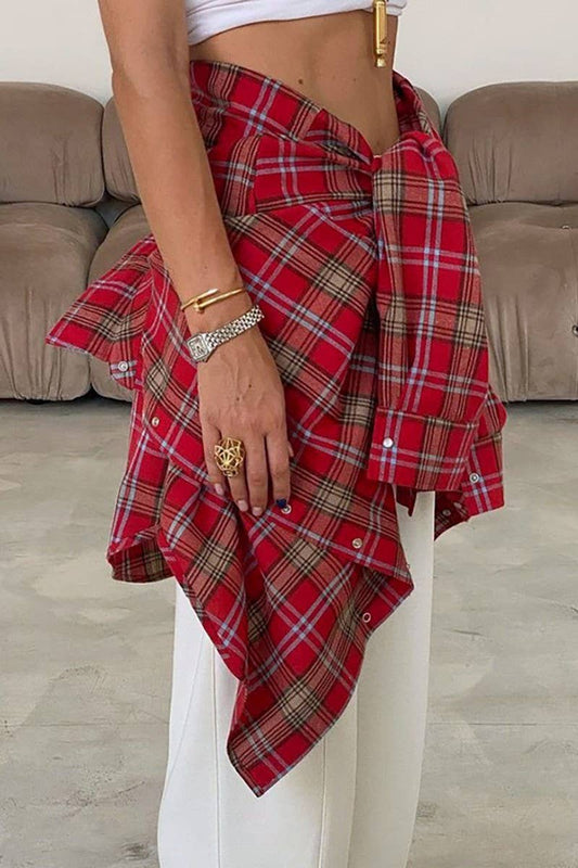 CWTBLL00631_RED PLAID LAPEL COMMUTER LONG-SLEEVED SHIRT