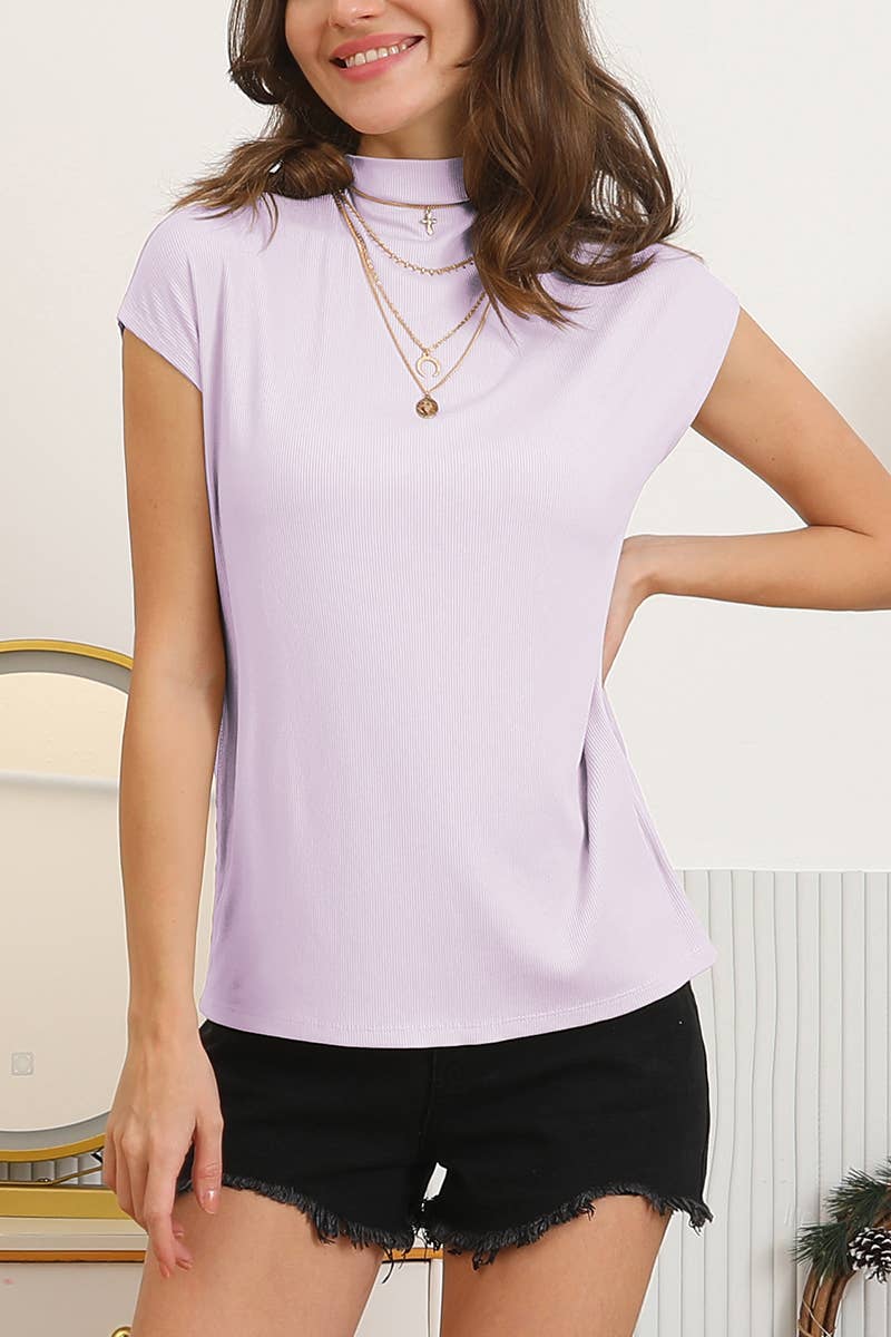 CWTTS689_HALF TURTLE NECK SHORT SLEEVE RIBBED KNIT TOP