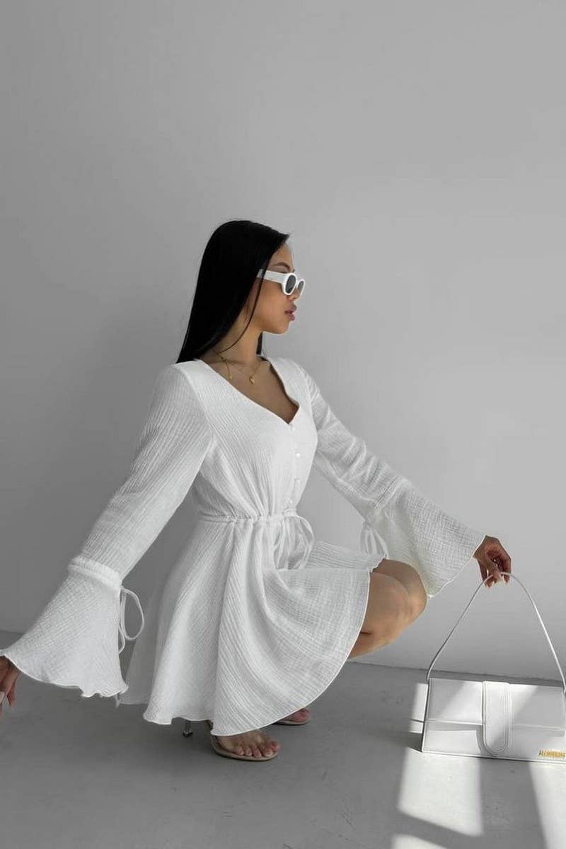 CWSJS1246_DRAWSTRING TRUMPET SLEEVES V-NECK JUMPSUIT