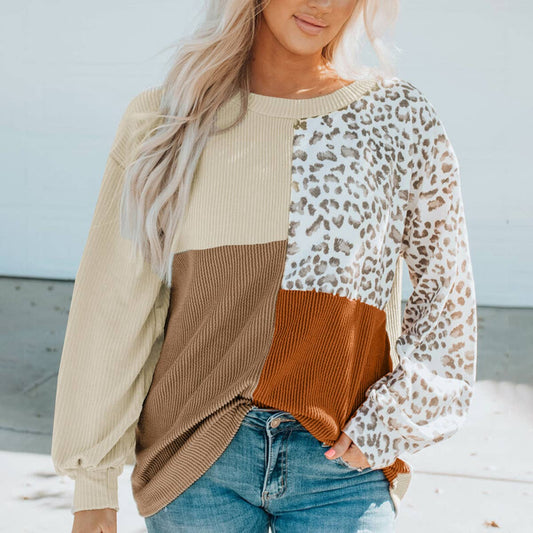 CONTRASTING LEOPARD PRINT KNIT LONG-SLEEVED TOP