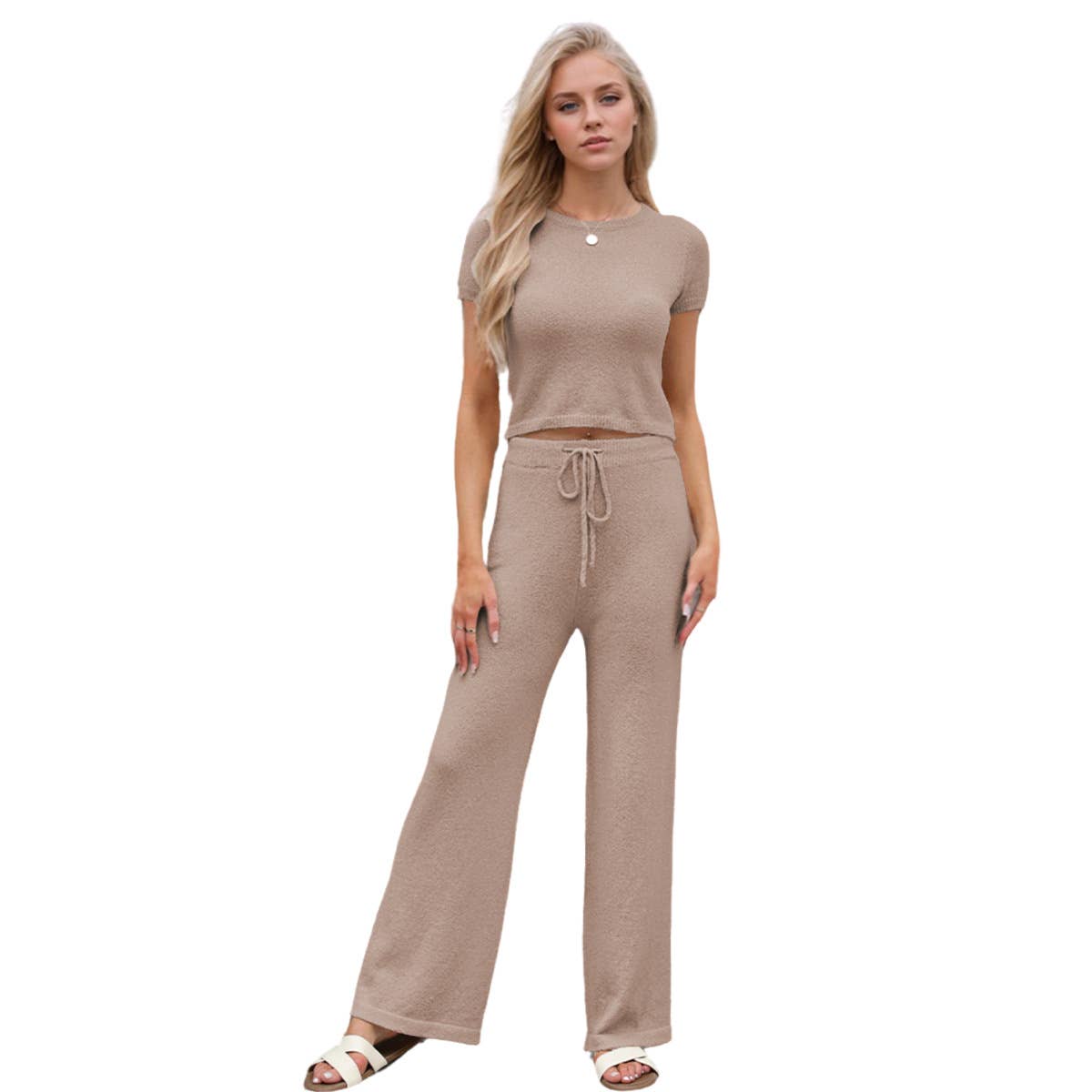 Casual solid color knit pants short sleeve suit