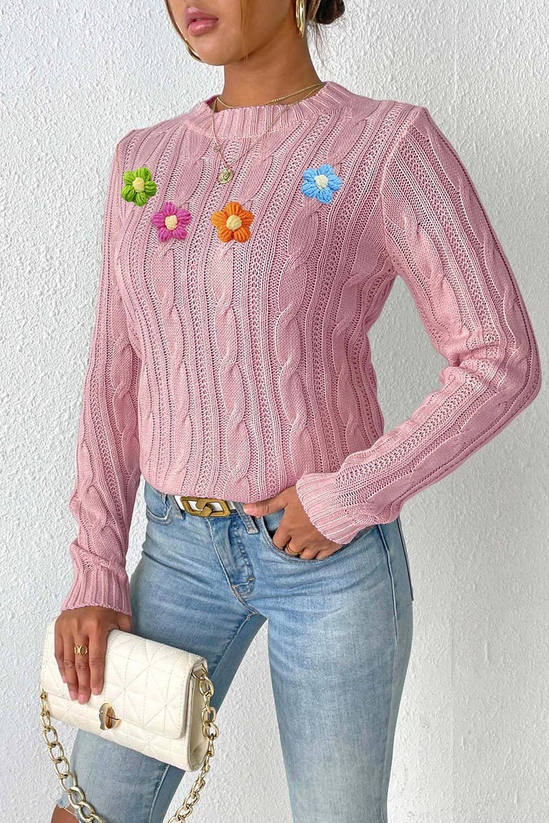 CWOSWL07409_WOMEN ROUND NECK KNIT SWEATER CROCHET PATCHWORK