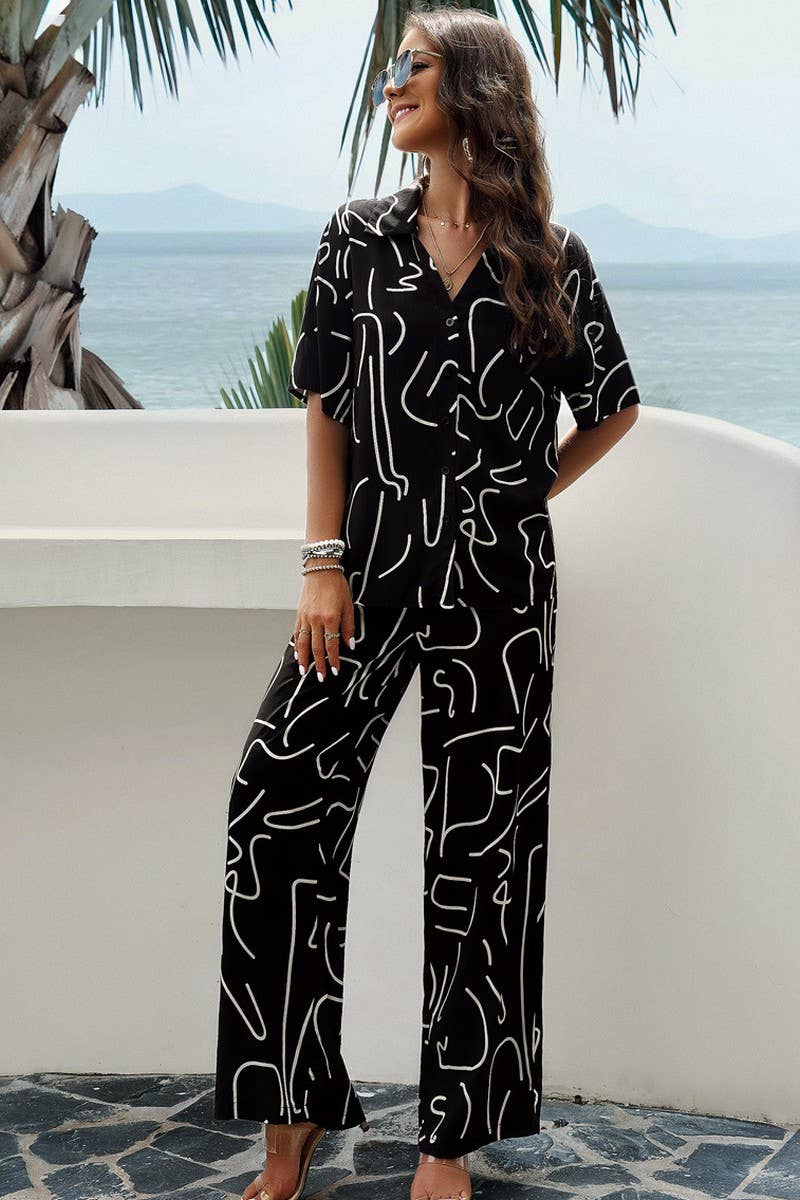 CWSTB0340_Button Down Long Slv Print V-Neck Long Pants Set