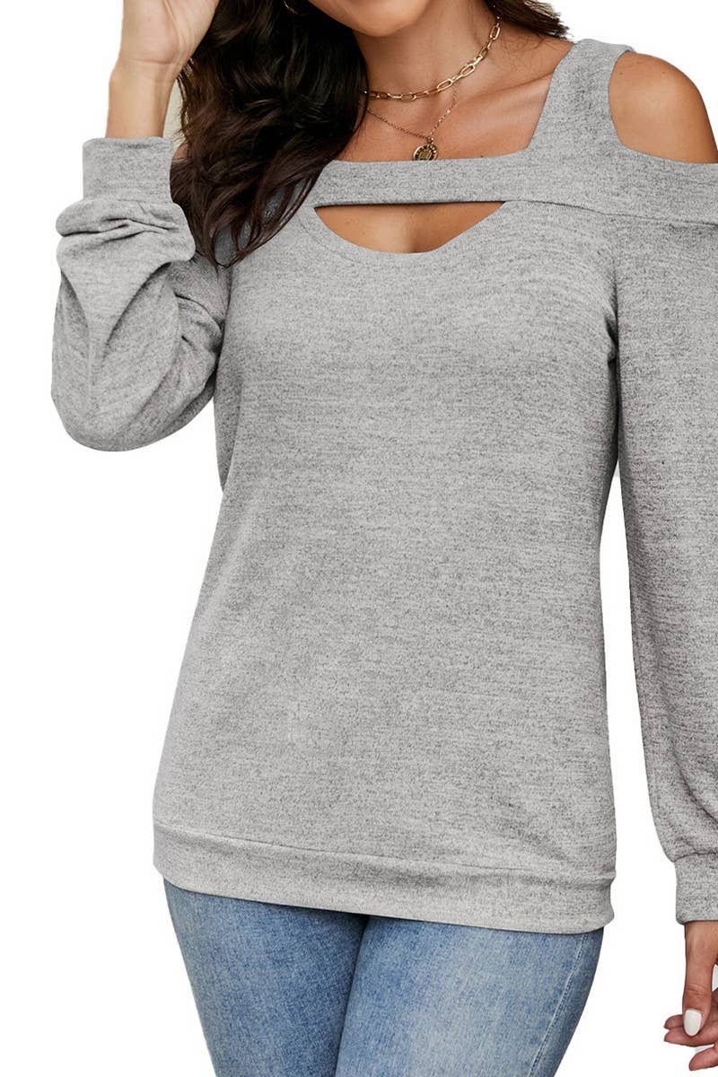 CWTBLL2373_OFF-SHOULDER HOLLOW SOLID COLOR LONG-SLEEVED TOP