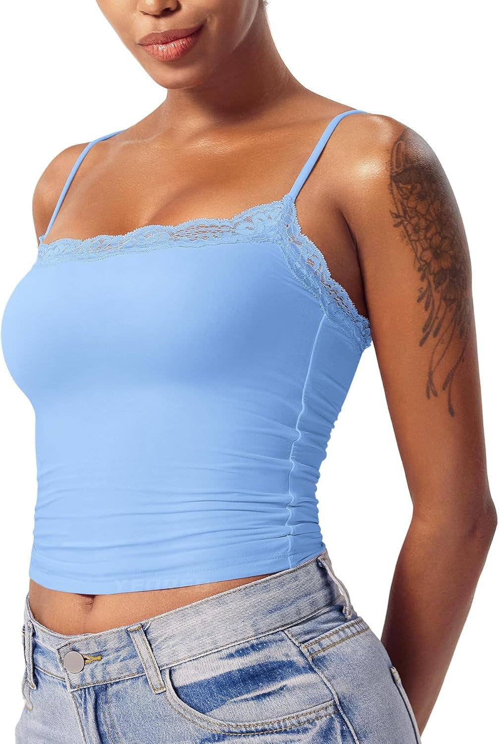 Basic solid color lace-trimmed strappy vest