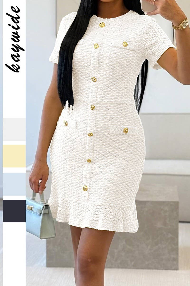 CWDSD10833_SOLID BUTTON FRONT SLIM FIT SHORT SLEEVE DRESS