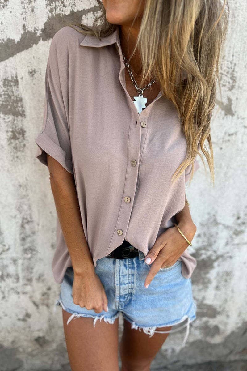 CWTBLS2329_SOLID CASUAL COLLARED BUTTON SHORT SLEEVE SHIRT