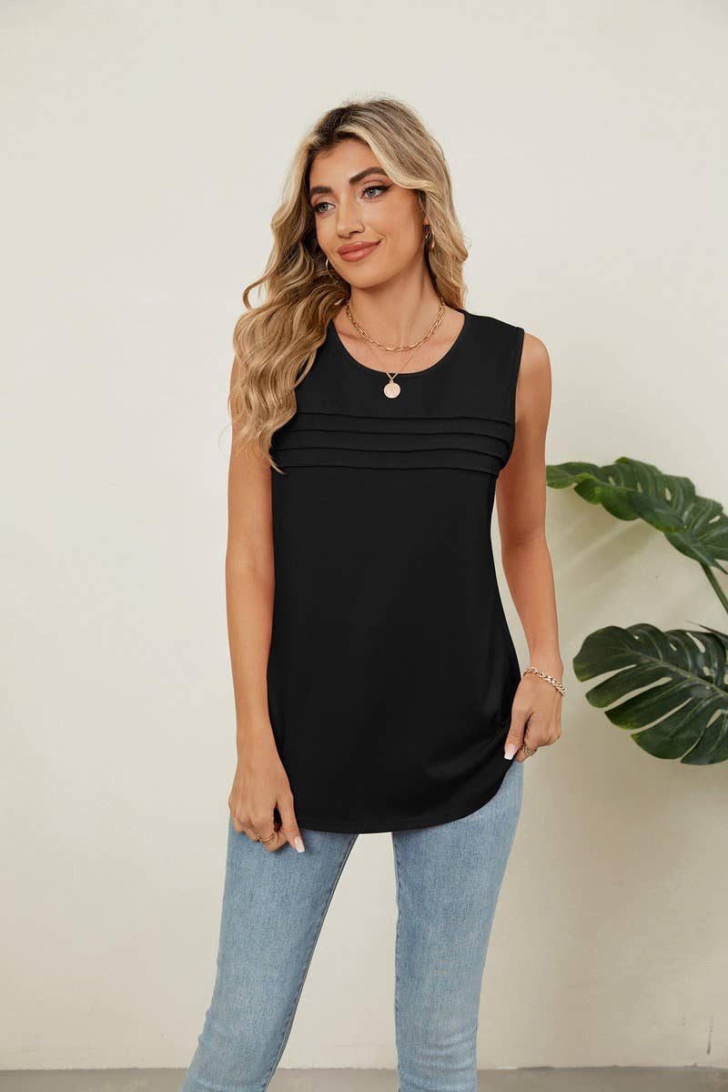 CWTBLSL0971_RUCHED SLEEVELESS CREWNECK SOLID TANK TOP