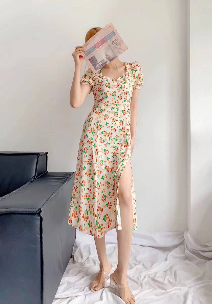 FRENCH CHERRY PRINT SHORT SLEEVE SPLIT DRESS