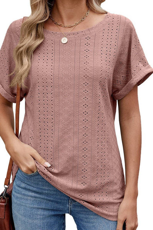 CWTBLS1735_HOLLOW ROUND NECK SHORT SLEEVE CASUAL T-SHIRT TOP