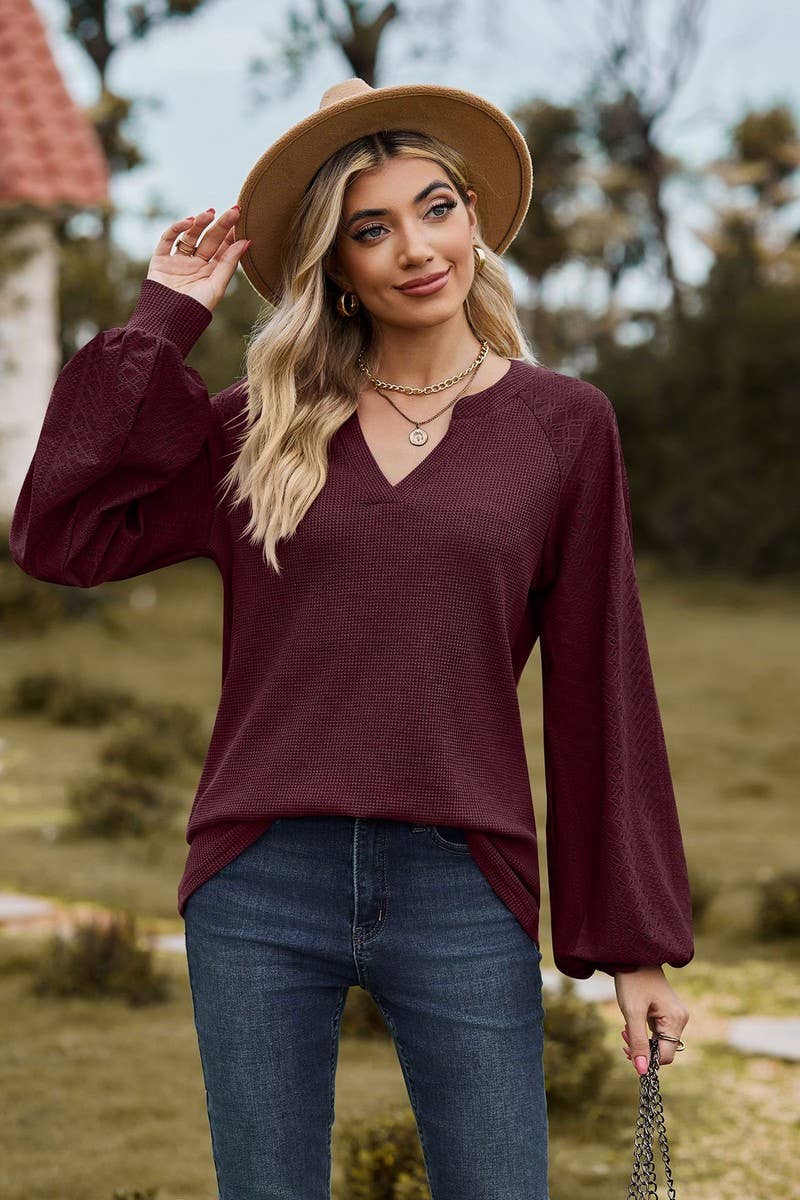CWTBLL01313_V NECK WAFFLE KNIT SOLID LONG SLEEVE LOOSE TEE