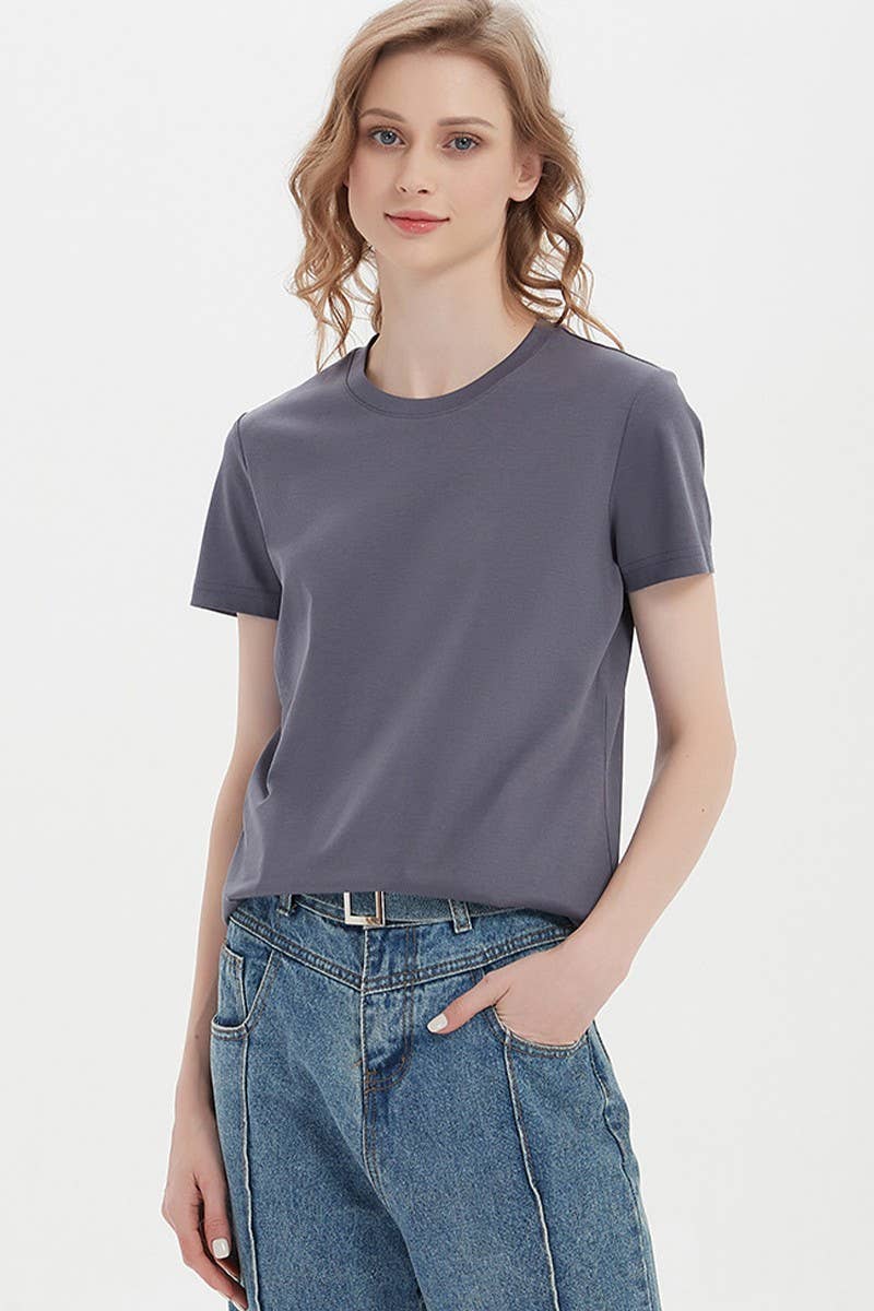 CWTTS1037_SOLID COLOR CASUAL ROUND NECK WOMEN T-SHIRT