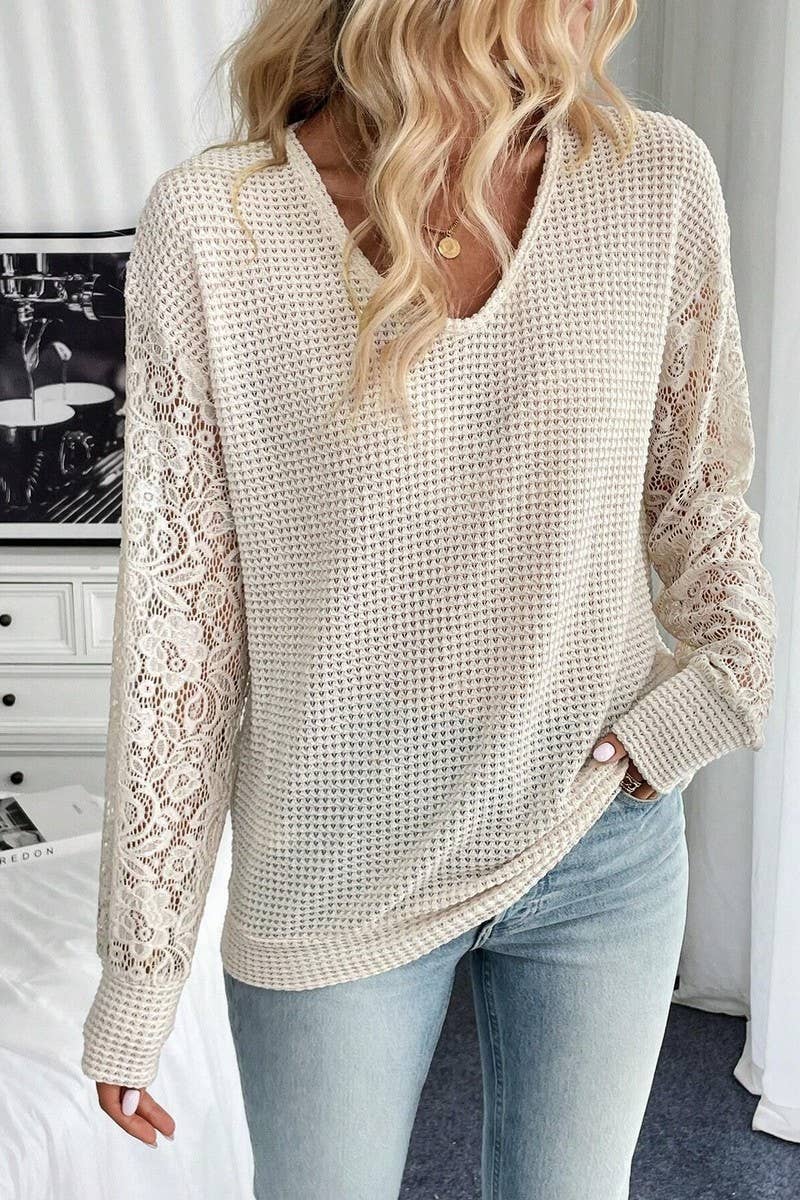 CWTBLL3533_SOLID V-NECK LACE PANEL LONG SLEEVE T-SHIRT TOP