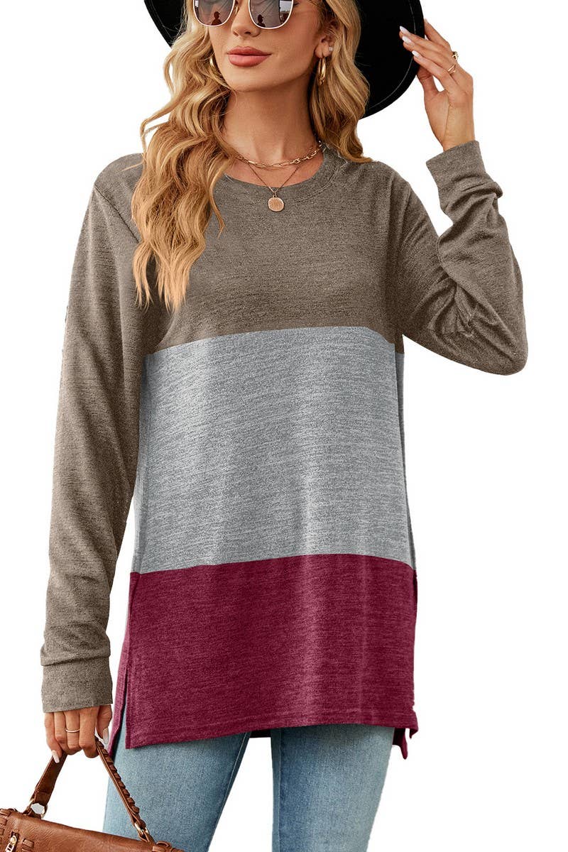 CWTBLL2411_SOLID COLOR ROUND NECK CONTRAST STITCHING T-SHIRT