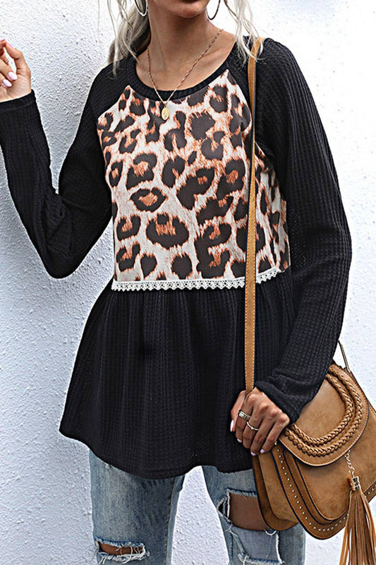 Casual leopard print patchwork T-shirt