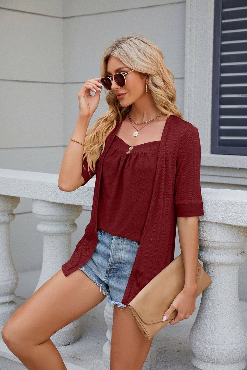 CWTTS0820_Short Sleeve Tops Fake Two Pieces Pullover Blouse