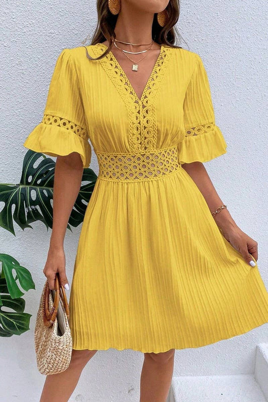 CWDSD7521_SUMMER LACE STYLISH WAIST SOLID COLOR DRESS