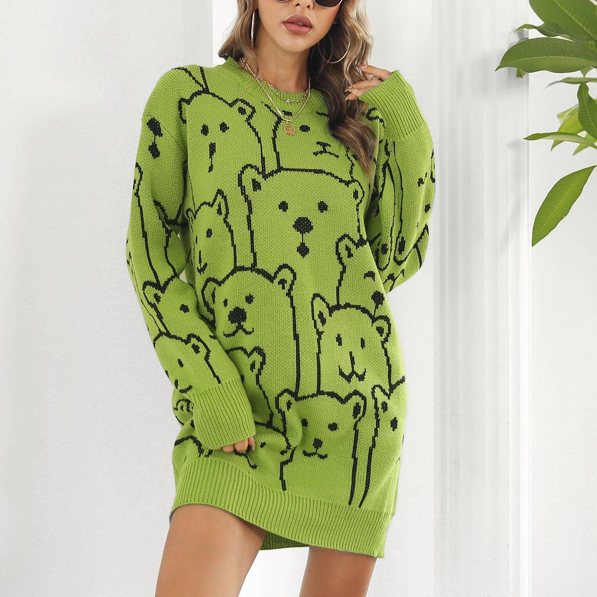 Bear jacquard long-sleeved sweater dress