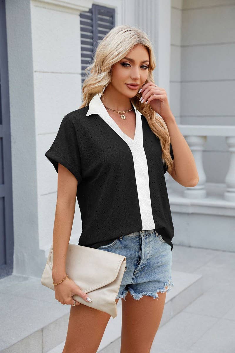 CWTTS0832_V-Neck Short Sleeve Knit Top
