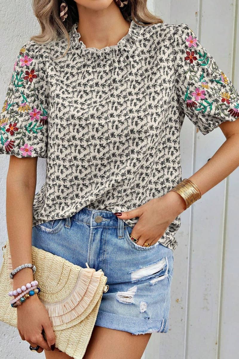 CWTBLS1126_SUMMER PRINT SHORT SLEEVED TOP WITH WAVY NECK