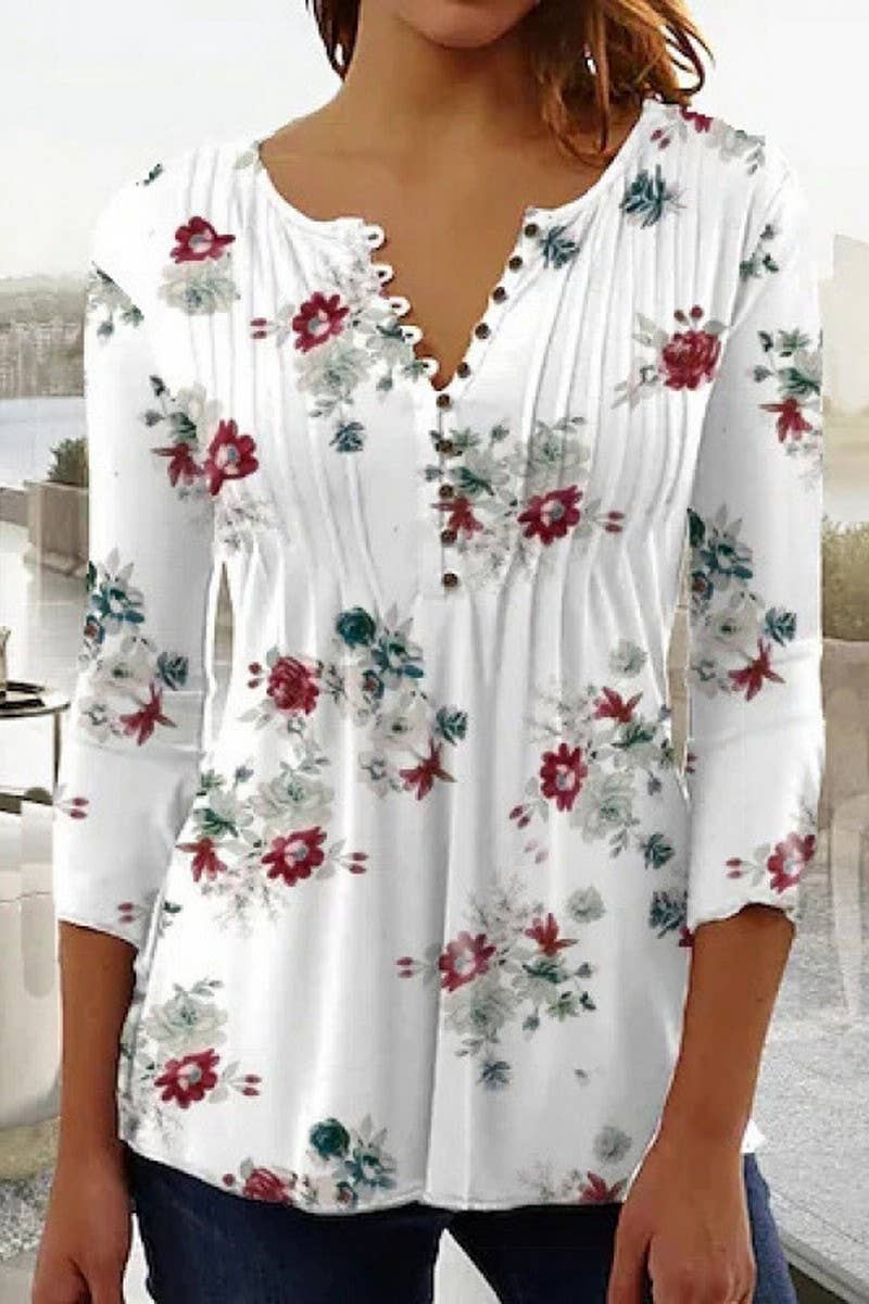 CWTTS1452_SPRING AND SUMMER V-NECK FLORAL BOTTOMING SHIRT
