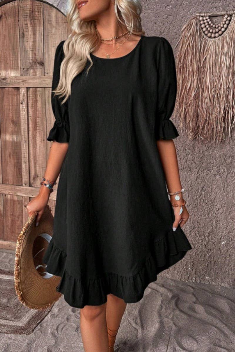 CWDSD10874_VINTAGE COTTON LINEN SHORT SLEEVE SWING DRESS