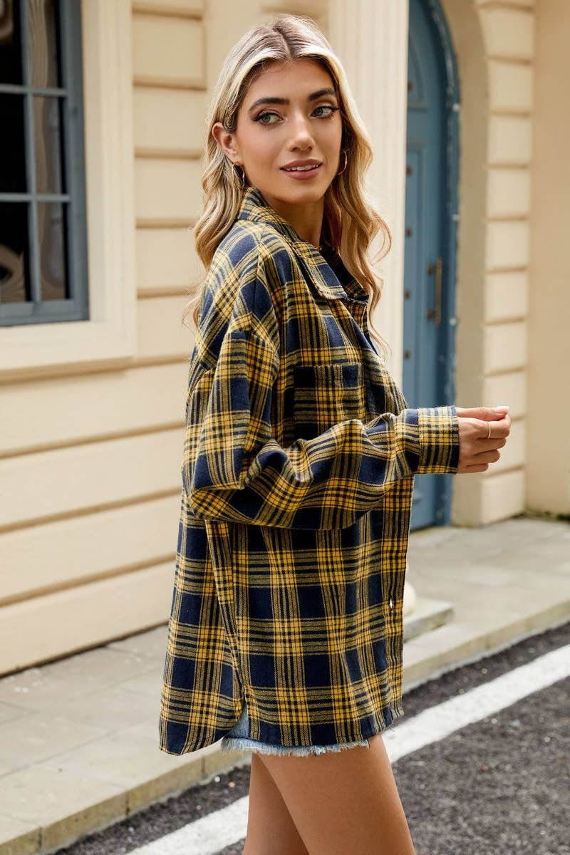 CWTSTL1711_STYLISH LONG SLEEVE POCKET PLAID SHIRT TOP