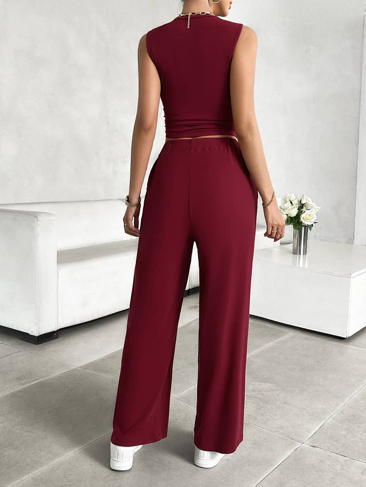 CASUAL SOLID COLOR TOP VEST PANT SUIT