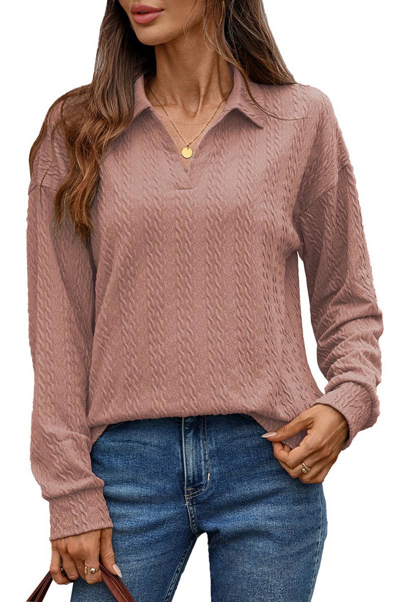 CWTBLL01307_V NECK CABLE KNIT SOLID LONG SLEEVE TEE