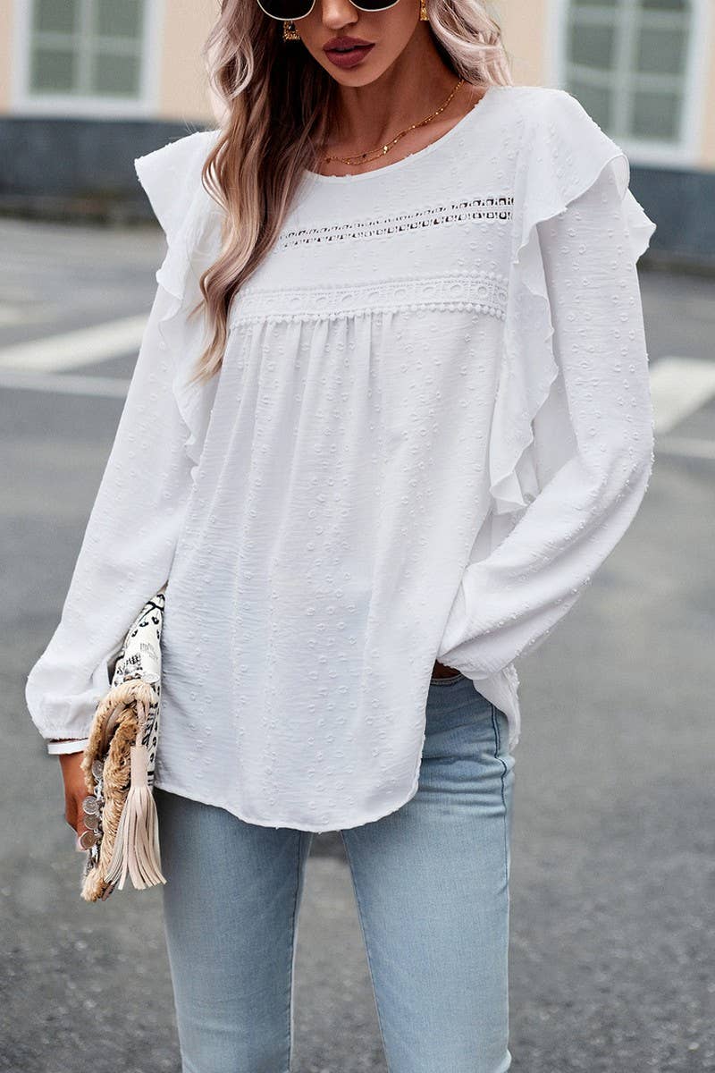 CWTBLL0390_Round neck Long Sleeve Ruffle Detailed Blouse