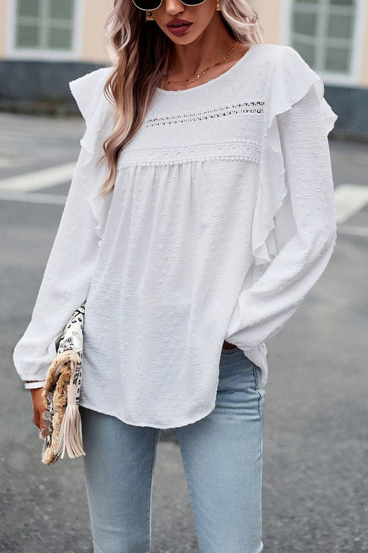 CWTBLL0390_Round neck Long Sleeve Ruffle Detailed Blouse