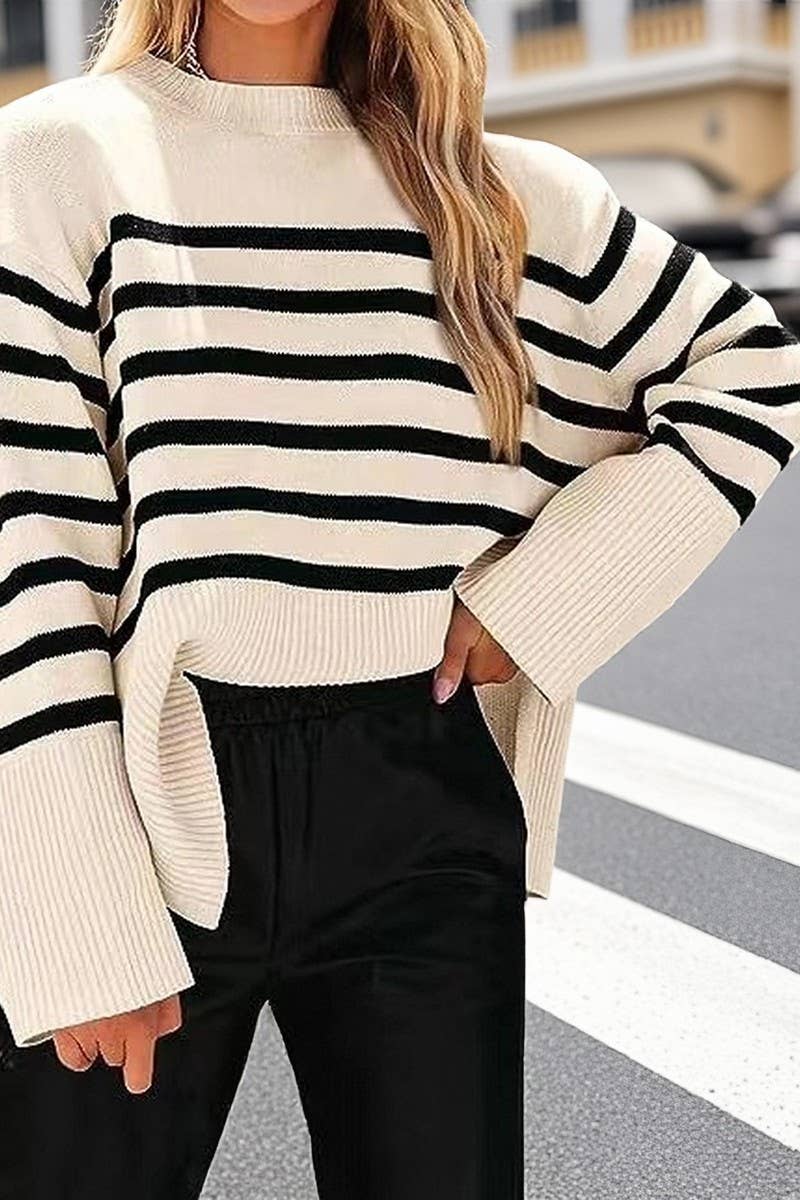 CWOSWL07683_STRIPED LOOSE-FITTING PULLOVER KNIT SWEATER