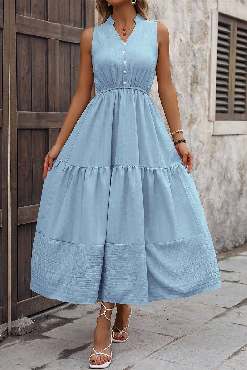 CWDMD5280_V-NECK SOLID SLEEVELESS STAND COLLAR A-LINE DRESS