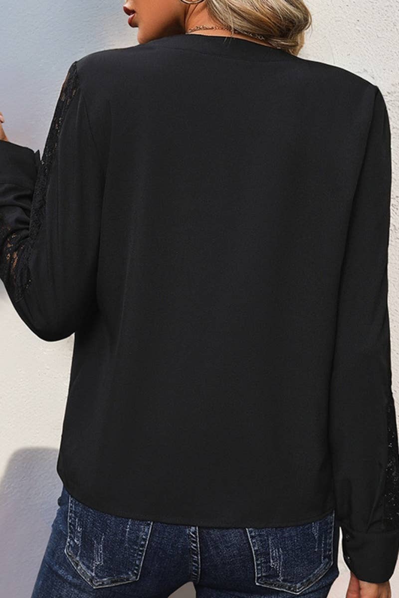 CWTBLL2429_V-NECK LONG SLEEVE LACE PATCHWORK SHIRT TOP