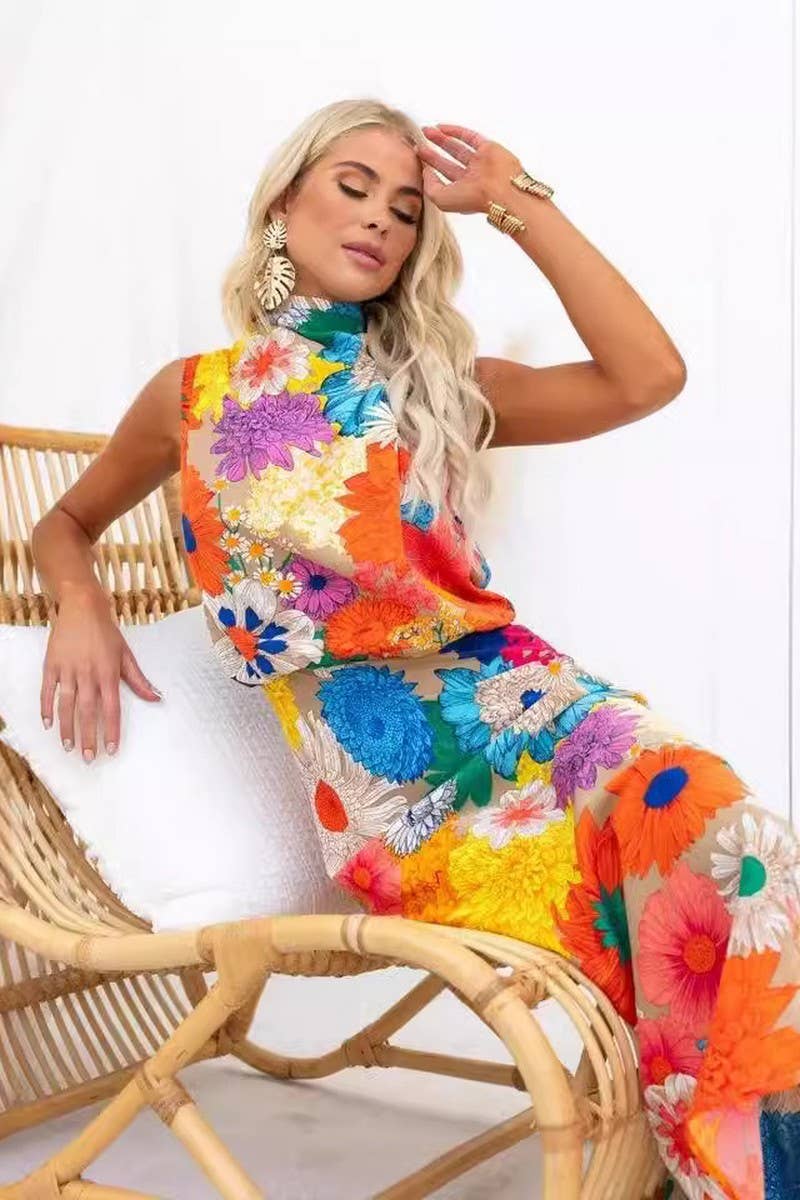 CWDHL0564_PRINTED SLEEVELESS HALTERNECK MAXI DRESS