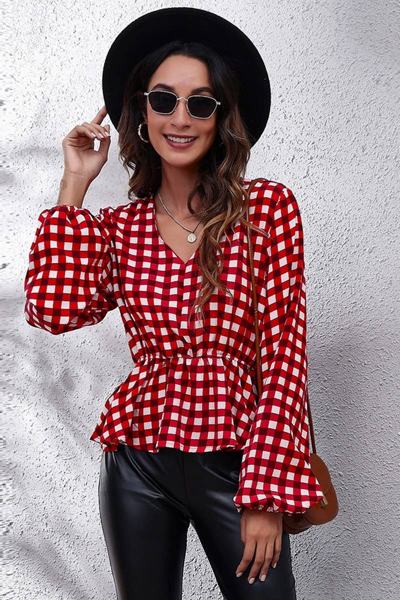 CWTBLL0707_V-Neck Long Sleeve Print Blouse
