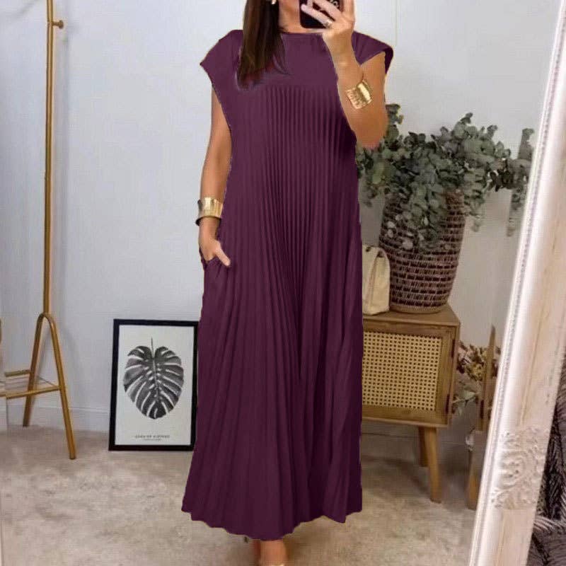 Elegant fashion round neck sleeveless pleated long dress