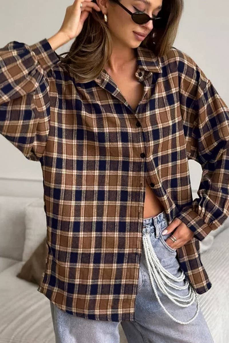 CWTBLL556_PLAID LOOSE CASUAL COMMUTER LONG-SLEEVED SHIRT