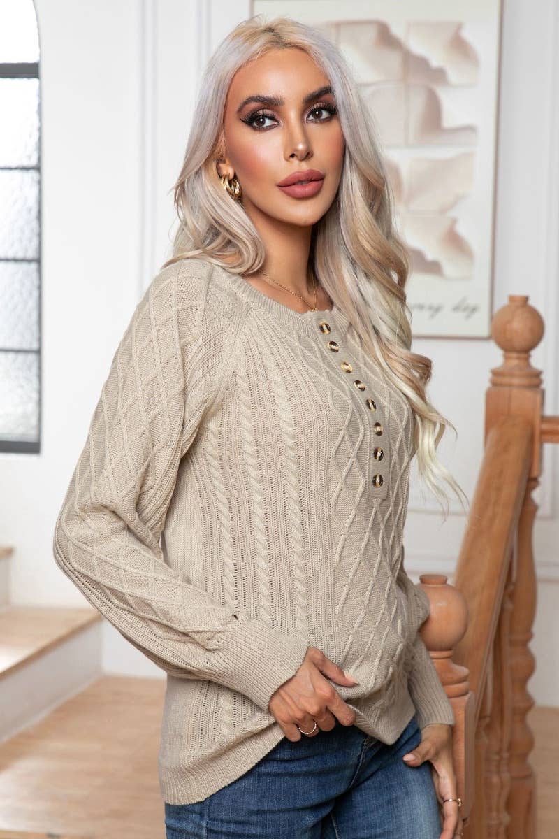 CWOSWL6372_CASUAL BUTTON-UP LONG-SLEEVED KNIT SWEATER