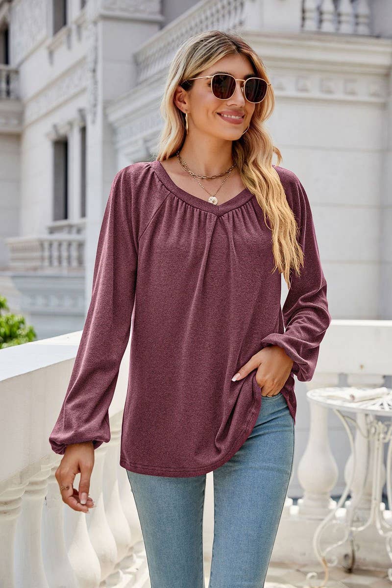 CWTBLL2413_SOLID COLOR LONGSLEEVE V-NECK PLEATED T-SHIRT TOP